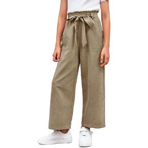 Meikulo Girls Paper Bag Wide Leg Pants Kids Fashion High Waisted Elastic Waist Trousers with Pockets 7-14 Years