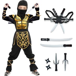 digi Kids Halloween Ninja Costume for Boys,Golden Ninja Costume Set with Ninja Toys,Halloween Costumes for Kids