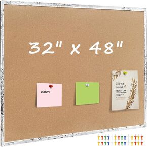 Cork Bulletin Board, 48 X 32 Inches White Framed Message Vision Board, Large Wall Mounted Notice Memo Pin Board with 28 Push Pins