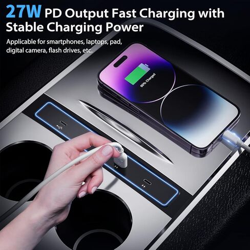 شاحن سيارة USB مطور للطراز 3/Y 2021-2023، محطة إرساء محور USB متعددة المنافذ 4 في 1 مع ضوء LED أزرق لمحول وحدة التحكم المركزية، ملحقات الطراز 3/Y مع شحن PD بقوة 27 وات in Kuwait