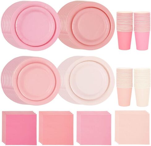 192PCS Pink Gradient Party Supplies Set Serve 48 Guests Tableware Include Paper Plates Cups Napkins Disposable Dinnerware Decorations for Wedding Bachelor Baby Shower Sweet Sixteen Birthday in Saudi Arabia