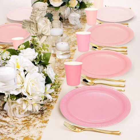 192PCS Pink Gradient Party Supplies Set Serve 48 Guests Tableware Include Paper Plates Cups Napkins Disposable Dinnerware Decorations for Wedding Bachelor Baby Shower Sweet Sixteen Birthday in Saudi Arabia