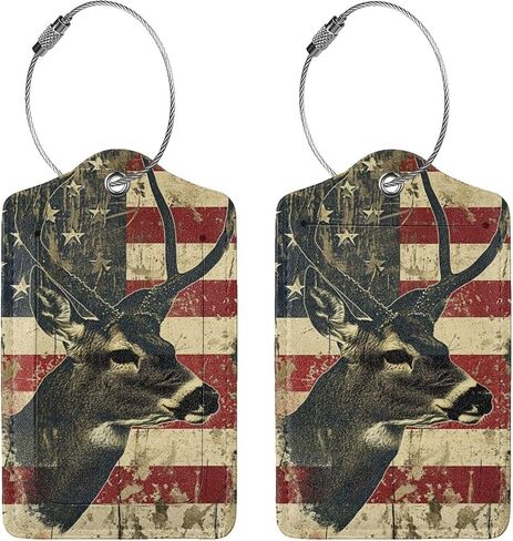 Deer Camo Camouflage American Flag Hunting-1 2 Pack Luggage Tag for Suitcase, Luggage Tags for Suitcases,Leather Stainless Steel Loop Label Tag for Men Women Girlstravel Bag Suitcase in Saudi Arabia
