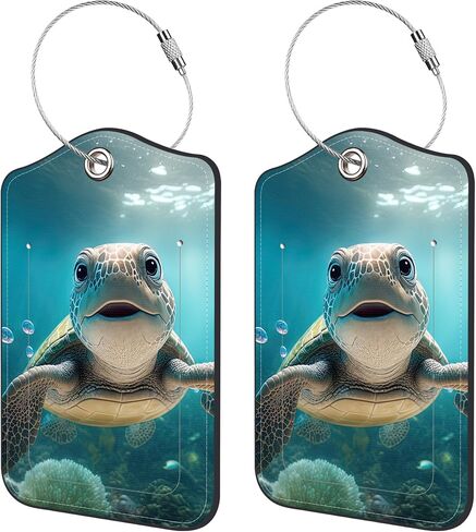 2 Pack Luggage Tags,Green Turtle PU Leather Idea Baggage Tag with ID Labels Privacy Cover Metal Ring Men and Women Travel Bag Labels in Saudi Arabia