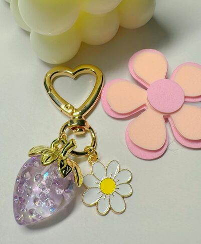 LAEKOU Cute Strawberry Keychain for Women, Girls Bag Charm Key Chain Accessories, Heart Flower Keychains for Purse in Saudi Arabia