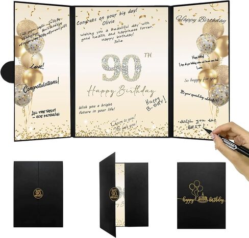 DARUNAXY Black Gold 90th Birthday Party Decorations, Happy 90th Birthday Alternative Signature Guest Book for Men Women Cheers to 90 Years Old Gifts 90 Birthday Signing Card Board Party Supplies in Kuwait