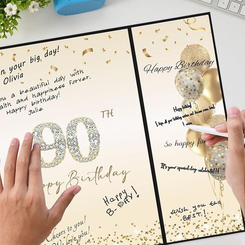 DARUNAXY Black Gold 90th Birthday Party Decorations, Happy 90th Birthday Alternative Signature Guest Book for Men Women Cheers to 90 Years Old Gifts 90 Birthday Signing Card Board Party Supplies in Kuwait
