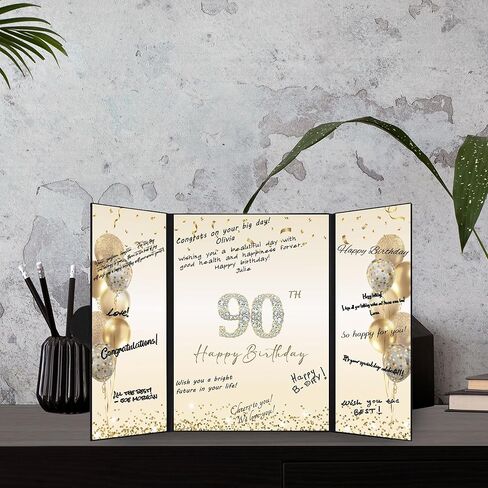 DARUNAXY Black Gold 90th Birthday Party Decorations, Happy 90th Birthday Alternative Signature Guest Book for Men Women Cheers to 90 Years Old Gifts 90 Birthday Signing Card Board Party Supplies in Kuwait