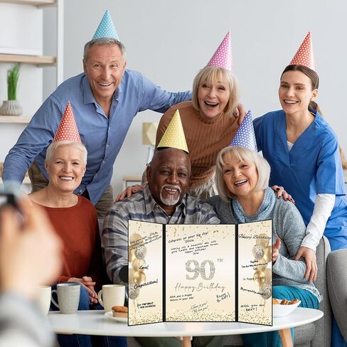 DARUNAXY Black Gold 90th Birthday Party Decorations, Happy 90th Birthday Alternative Signature Guest Book for Men Women Cheers to 90 Years Old Gifts 90 Birthday Signing Card Board Party Supplies in Kuwait