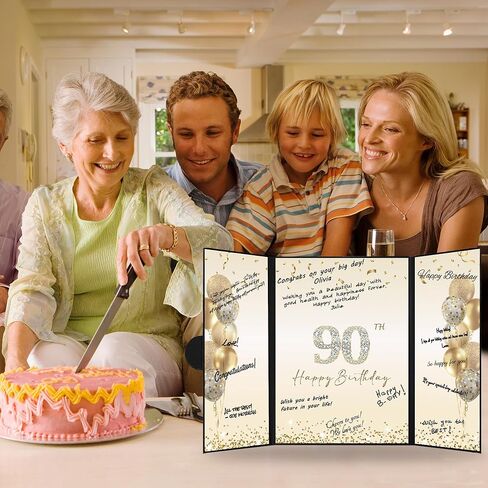 DARUNAXY Black Gold 90th Birthday Party Decorations, Happy 90th Birthday Alternative Signature Guest Book for Men Women Cheers to 90 Years Old Gifts 90 Birthday Signing Card Board Party Supplies in Kuwait