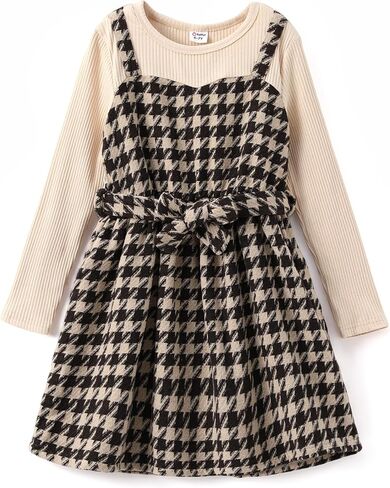 PATPAT Girl's One Piece Outfit Long Sleeve Knit Tee and Checkered Hlter Dress Set with Belts for 5-12Y in Saudi Arabia