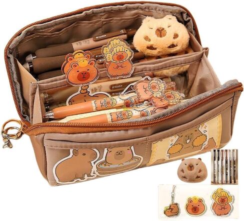 Adorable Capybara Bear 10-Layer Flip Canvas Pen Case Cute Pencil Holder Pencil Bag: Includes Pens, Capybara Badge, Pendant, and Clips (Brown) in Saudi Arabia
