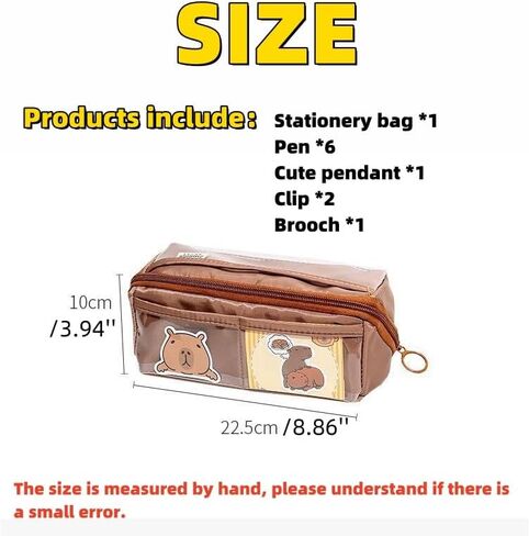 Adorable Capybara Bear 10-Layer Flip Canvas Pen Case Cute Pencil Holder Pencil Bag: Includes Pens, Capybara Badge, Pendant, and Clips (Brown) in Saudi Arabia
