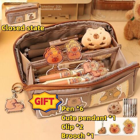 Adorable Capybara Bear 10-Layer Flip Canvas Pen Case Cute Pencil Holder Pencil Bag: Includes Pens, Capybara Badge, Pendant, and Clips (Brown) in Saudi Arabia