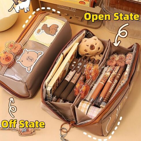 Adorable Capybara Bear 10-Layer Flip Canvas Pen Case Cute Pencil Holder Pencil Bag: Includes Pens, Capybara Badge, Pendant, and Clips (Brown) in Saudi Arabia