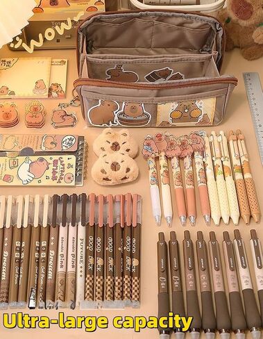 Adorable Capybara Bear 10-Layer Flip Canvas Pen Case Cute Pencil Holder Pencil Bag: Includes Pens, Capybara Badge, Pendant, and Clips (Brown) in Saudi Arabia