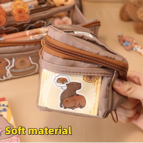 Adorable Capybara Bear 10-Layer Flip Canvas Pen Case Cute Pencil Holder Pencil Bag: Includes Pens, Capybara Badge, Pendant, and Clips (Brown) in Saudi Arabia