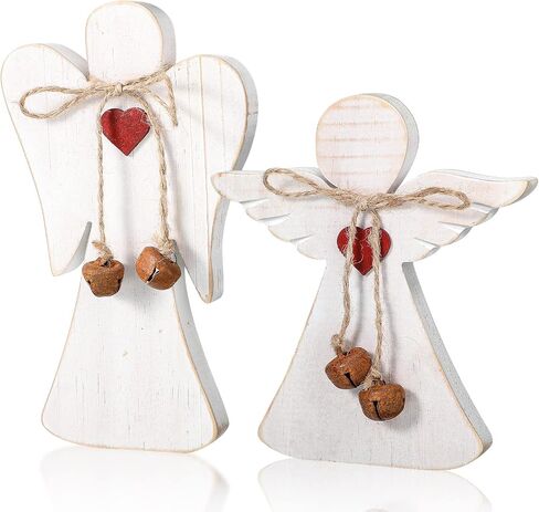 2 Pieces Wooden Angel Christmas Statues Christmas Wood Angel Figurines Rustic Angel Statue with Twine Table Farmhouse Christmas Decor Xmas Angel Memorial Gifts, 2 Styles in Saudi Arabia