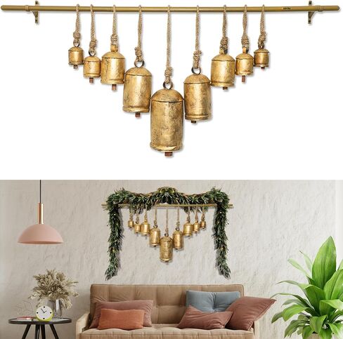 Carfar Set of 5 Rustic Style Bells Handmade Large Metal Harmony Christmas Hanging Cow Bells Complete Set on Jute Rope in Saudi Arabia