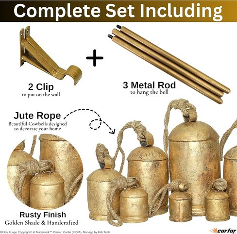 Carfar Set of 5 Rustic Style Bells Handmade Large Metal Harmony Christmas Hanging Cow Bells Complete Set on Jute Rope in Saudi Arabia