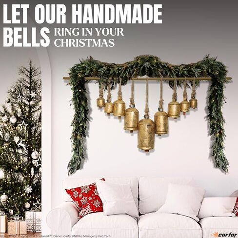 Carfar Set of 5 Rustic Style Bells Handmade Large Metal Harmony Christmas Hanging Cow Bells Complete Set on Jute Rope in Saudi Arabia