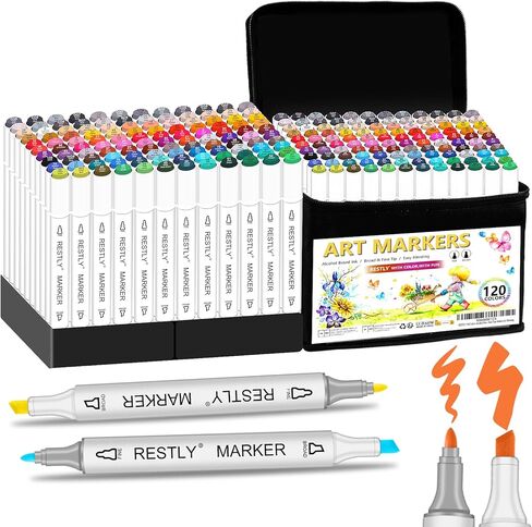 RESTLY 120 Colors Alcohol Markers Set, Dual Tip Art Markers with Blender, Permanent Alcohol-Based Markers for Kids and Adults Drawing, Sketching, Coloring, and Illustration with Carrying Case in Saudi Arabia