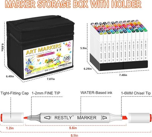 RESTLY 120 Colors Alcohol Markers Set, Dual Tip Art Markers with Blender, Permanent Alcohol-Based Markers for Kids and Adults Drawing, Sketching, Coloring, and Illustration with Carrying Case in Saudi Arabia