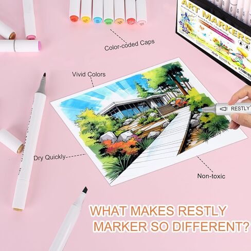 RESTLY 120 Colors Alcohol Markers Set, Dual Tip Art Markers with Blender, Permanent Alcohol-Based Markers for Kids and Adults Drawing, Sketching, Coloring, and Illustration with Carrying Case in Saudi Arabia