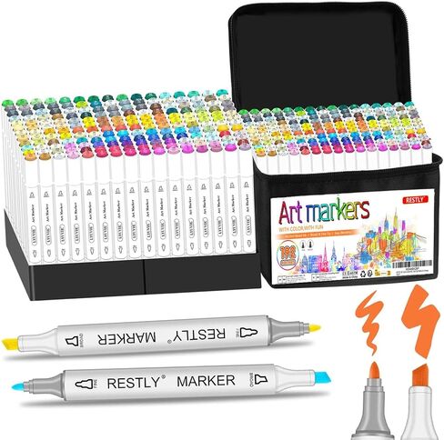 RESTLY 120 Colors Alcohol Markers Set, Dual Tip Art Markers with Blender, Permanent Alcohol-Based Markers for Kids and Adults Drawing, Sketching, Coloring, and Illustration with Carrying Case in Saudi Arabia
