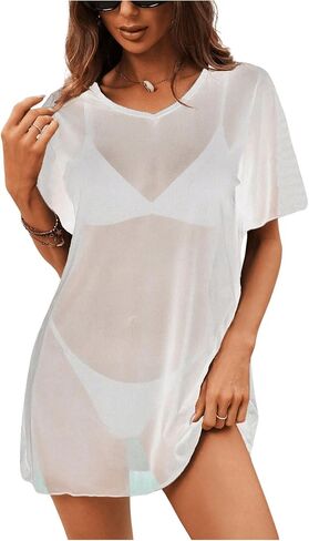 SweatyRocks Women's Sheer Mesh Short Sleeve Cover Ups Round Neck Summer Loose Beachwear Shirt in Saudi Arabia