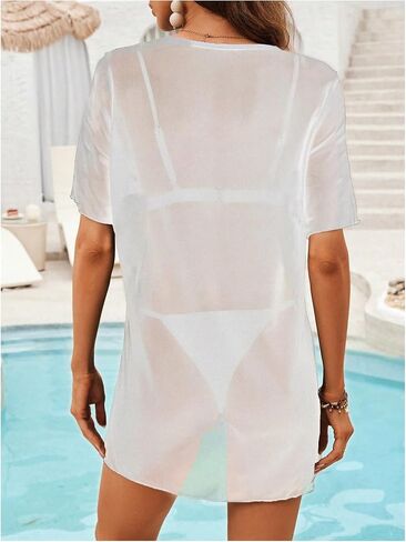 SweatyRocks Women's Sheer Mesh Short Sleeve Cover Ups Round Neck Summer Loose Beachwear Shirt in Saudi Arabia