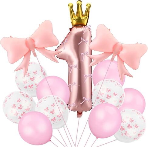 Pink Bow Balloons Birthday Decoration Set Include 36 Inch Pink Number 1 Balloon with Crown Pink Bow Balloon Latex Balloons 12 Inch with Bow for Baby Girls 1st Birthday Party Decorations in Saudi Arabia