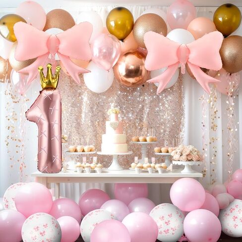 Pink Bow Balloons Birthday Decoration Set Include 36 Inch Pink Number 1 Balloon with Crown Pink Bow Balloon Latex Balloons 12 Inch with Bow for Baby Girls 1st Birthday Party Decorations in Saudi Arabia