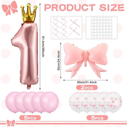 Pink Bow Balloons Birthday Decoration Set Include 36 Inch Pink Number 1 Balloon with Crown Pink Bow Balloon Latex Balloons 12 Inch with Bow for Baby Girls 1st Birthday Party Decorations in Saudi Arabia