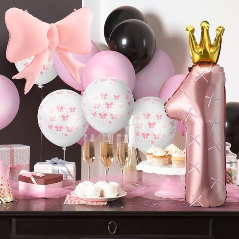 Pink Bow Balloons Birthday Decoration Set Include 36 Inch Pink Number 1 Balloon with Crown Pink Bow Balloon Latex Balloons 12 Inch with Bow for Baby Girls 1st Birthday Party Decorations in Saudi Arabia