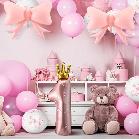 Pink Bow Balloons Birthday Decoration Set Include 36 Inch Pink Number 1 Balloon with Crown Pink Bow Balloon Latex Balloons 12 Inch with Bow for Baby Girls 1st Birthday Party Decorations in Saudi Arabia