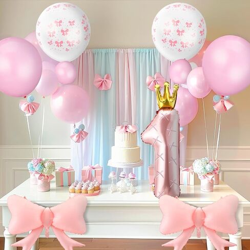 Pink Bow Balloons Birthday Decoration Set Include 36 Inch Pink Number 1 Balloon with Crown Pink Bow Balloon Latex Balloons 12 Inch with Bow for Baby Girls 1st Birthday Party Decorations in Saudi Arabia