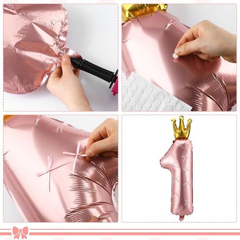 Pink Bow Balloons Birthday Decoration Set Include 36 Inch Pink Number 1 Balloon with Crown Pink Bow Balloon Latex Balloons 12 Inch with Bow for Baby Girls 1st Birthday Party Decorations in Saudi Arabia