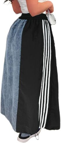 Angsuttc Long Denim Skirts for Women A Line Drawstring Jean Skirt Stripes Patchwork Elastic High Waist Maxi Skirt Pockets in Saudi Arabia