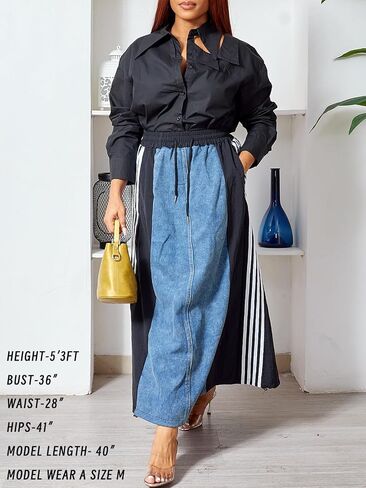 Angsuttc Long Denim Skirts for Women A Line Drawstring Jean Skirt Stripes Patchwork Elastic High Waist Maxi Skirt Pockets in Saudi Arabia