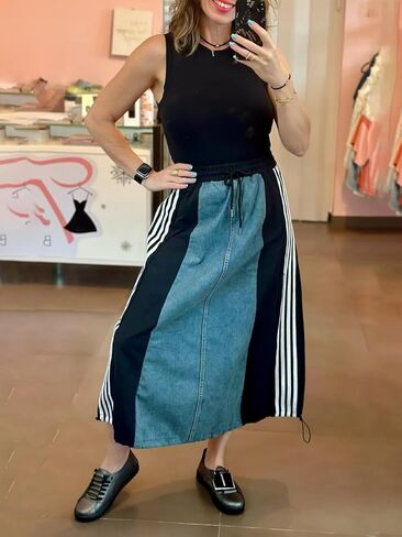 Angsuttc Long Denim Skirts for Women A Line Drawstring Jean Skirt Stripes Patchwork Elastic High Waist Maxi Skirt Pockets in Saudi Arabia