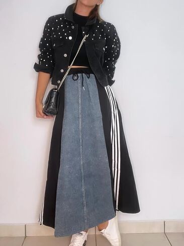 Angsuttc Long Denim Skirts for Women A Line Drawstring Jean Skirt Stripes Patchwork Elastic High Waist Maxi Skirt Pockets in Saudi Arabia