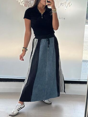 Angsuttc Long Denim Skirts for Women A Line Drawstring Jean Skirt Stripes Patchwork Elastic High Waist Maxi Skirt Pockets in Saudi Arabia