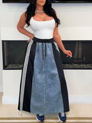 Angsuttc Long Denim Skirts for Women A Line Drawstring Jean Skirt Stripes Patchwork Elastic High Waist Maxi Skirt Pockets in Saudi Arabia
