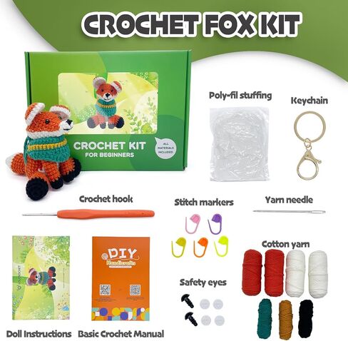 مجموعة LOLCROCHET Fox Crochet للمبتدئين، مجموعة Amigurumi Crochet Starter مع فيديو تعليمي خطوة بخطوة، مجموعة حياكة سهلة للحيوانات للأطفال والكبار، دمية كروشيه هدية عيد الميلاد in Kuwait