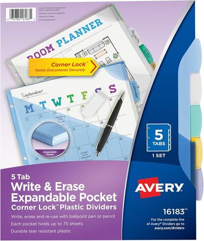 فواصل بلاستيكية للكتابة والمسح من Avery® Corner Lock مع جيوب قابلة للتوسيع، 9-1/4 بوصة × 11-1/4 بوصة، متعددة الألوان، مجموعة من 5 علامات تبويب in Saudi Arabia
