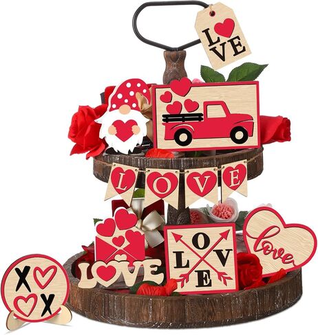 Jetec 12 Pcs Valentine's Day Tiered Tray Decor Set Valentines Heart Wood Sign Gnome Truck Rustic Farmhouse Tray Signs Table Decor for Romantic Valentine's Day Home Kitchen (Love) in Saudi Arabia