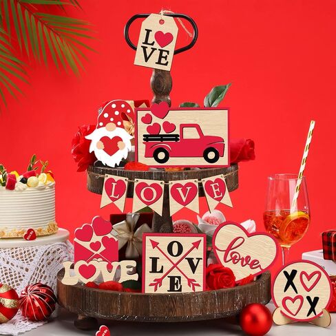 Jetec 12 Pcs Valentine's Day Tiered Tray Decor Set Valentines Heart Wood Sign Gnome Truck Rustic Farmhouse Tray Signs Table Decor for Romantic Valentine's Day Home Kitchen (Love) in Saudi Arabia