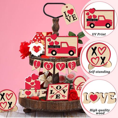 Jetec 12 Pcs Valentine's Day Tiered Tray Decor Set Valentines Heart Wood Sign Gnome Truck Rustic Farmhouse Tray Signs Table Decor for Romantic Valentine's Day Home Kitchen (Love) in Saudi Arabia