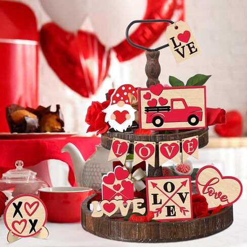 Jetec 12 Pcs Valentine's Day Tiered Tray Decor Set Valentines Heart Wood Sign Gnome Truck Rustic Farmhouse Tray Signs Table Decor for Romantic Valentine's Day Home Kitchen (Love) in Saudi Arabia
